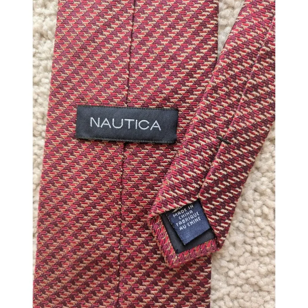 Nautica 100% Silk Burgandy Red Diagonal Stripe Print Tie